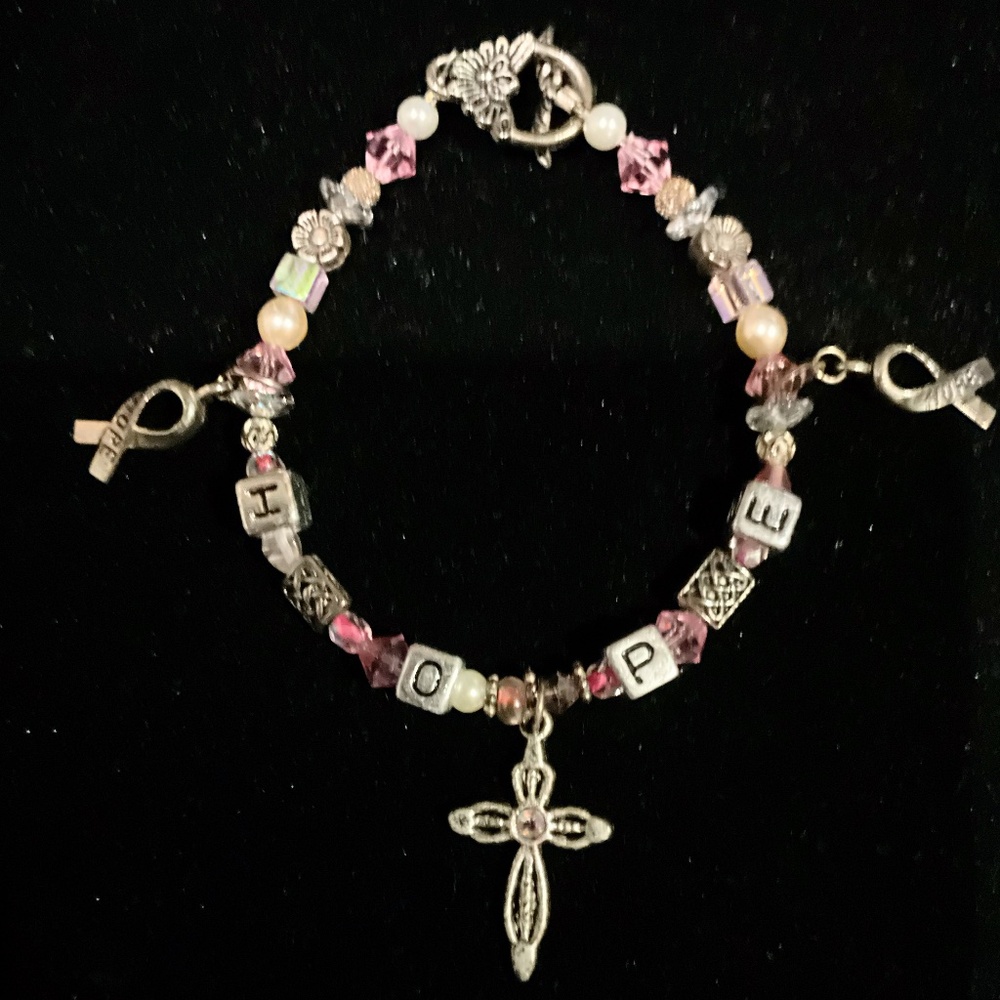 Custom Swarovski Crystals, Pearls, Cross, Hope Ribbon Charm Bracelet         NWT